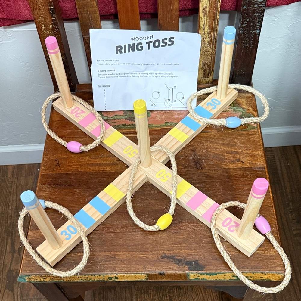Wooden Ring Toss Game Set with Pink and Blue Accents